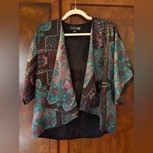 Forever 21 Women's Black and Teal Patterned Kimono Sweater